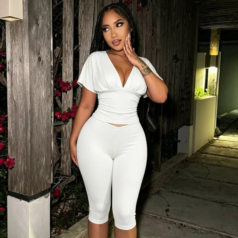 Women Sexy 2 Piece Pant Sets Summer Club Party Batwing Sleeve V Neck Crop Top Capri Pants Matching Set Beach Vacation Outfits