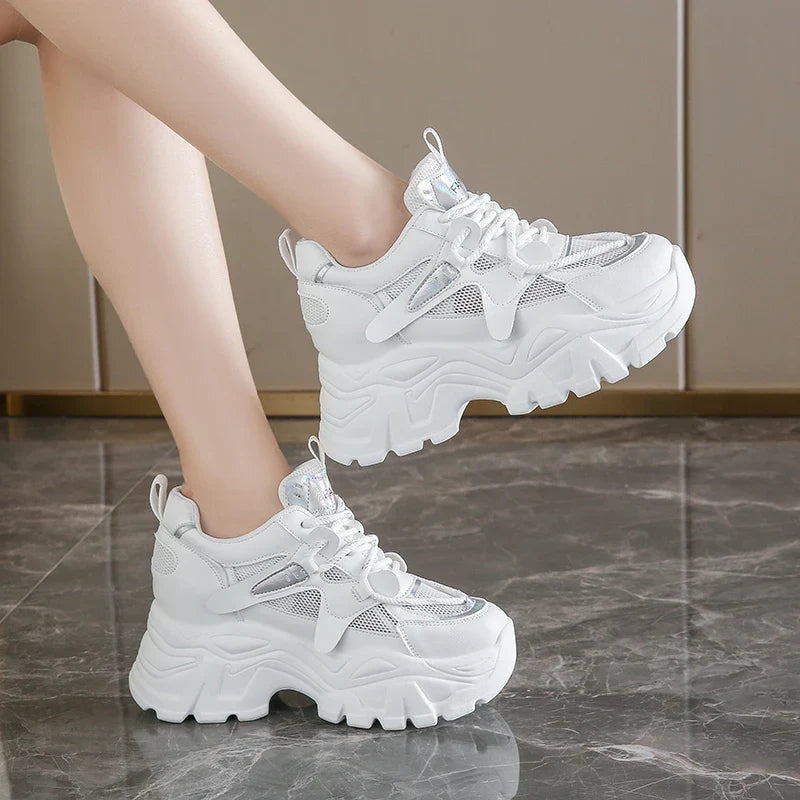 Breathable Chunky White Sneakers for Women Fashion Laser Thick Bottom Vulcanize Shoes Woman 2025 Lace Up Platform Running Shoes