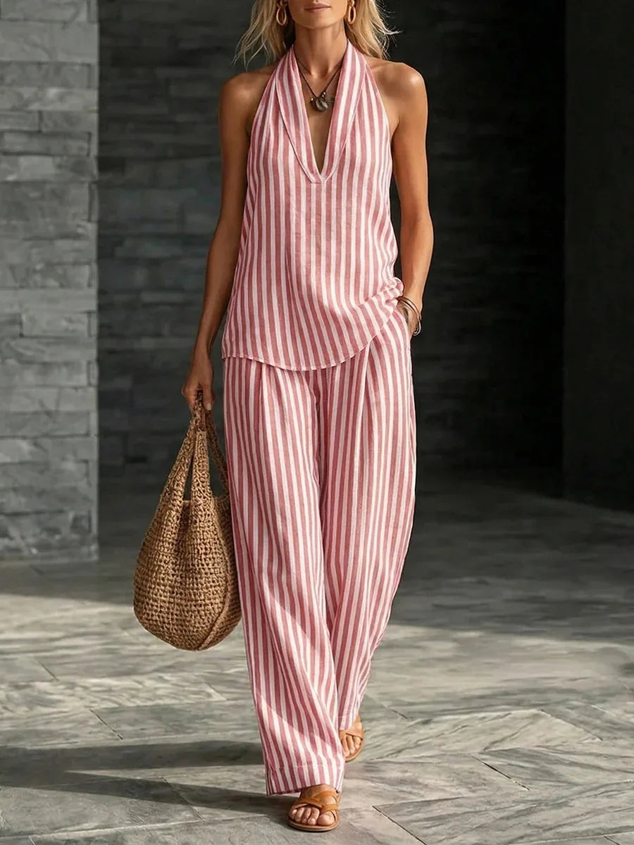 Women's Casual Two-piece Set Spring Summer Striped Wide-leg Pants Halter Top Cotton And Linen Two-piece Set For Women Clothing
