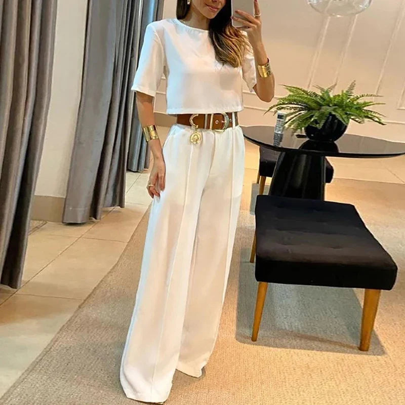 Fashion Office Lady Two Piece Sets O Neck Short Sleeve Short Shirt High Waist Straight Pants Suit Female Summer Outfits