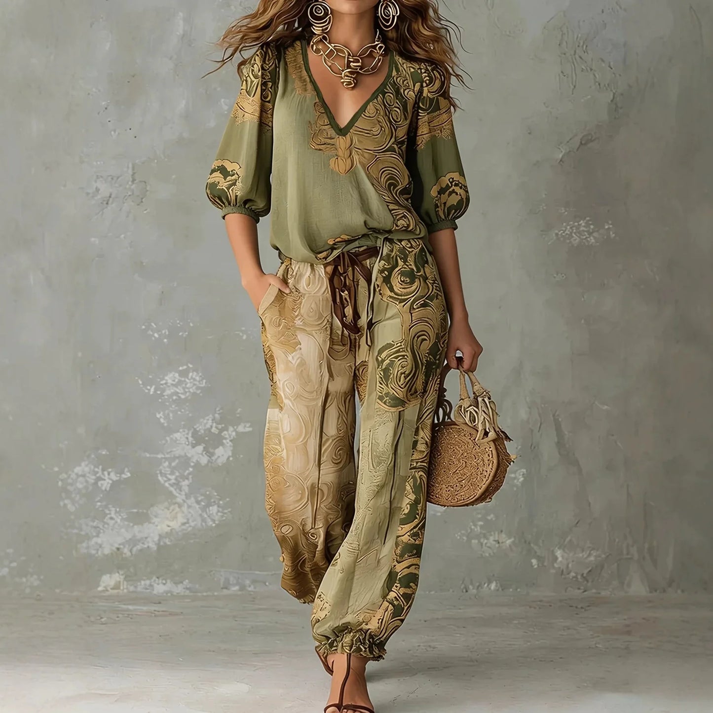 Elegant Ethnic Swirl Pattern Two Piece Suit Ladies Mid Sleeve Shirts Drawstring Waist Harem Pants Bohemian Holiday Casual Set