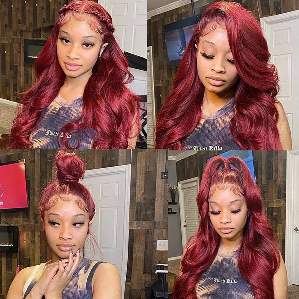 Peluca de ondas corporales, peluca frontal de encaje burdeos 13x4 13x6, peluca frontal de encaje HD 4x4, peluca de cabello humano pre-arrancado color rojo 99j.