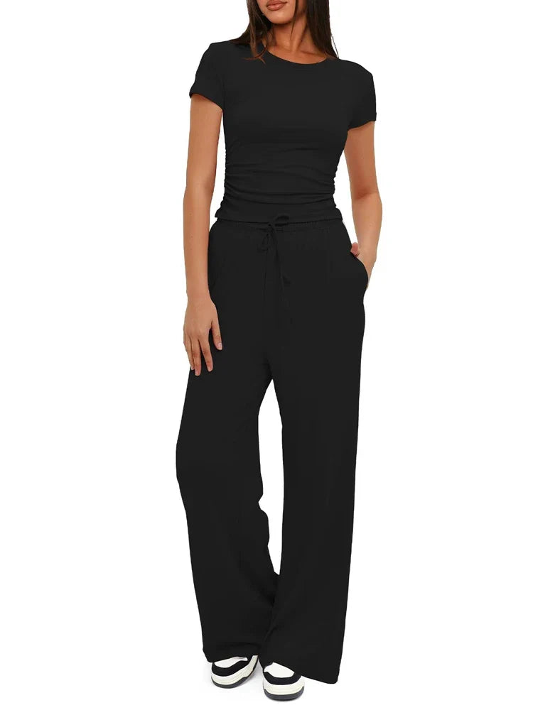 Summer Solid Loose Casual Tracksuit Women's Two Pieces Set O Neck Short Sleeves T-shirts and Wide Leg Pants Sets Sportswear Set