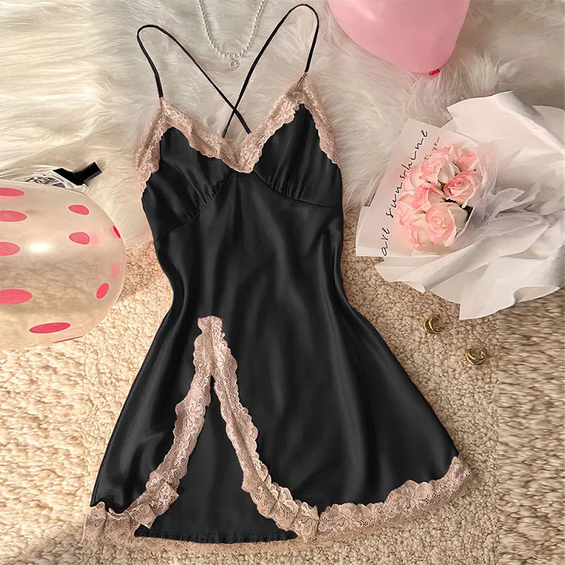 Sexy Pajamas Women's Lace Suspender Nightdress Silk Thin Dress Lingerie Women Nightgowns Sexy Solid Nightwear Summer Loungewear