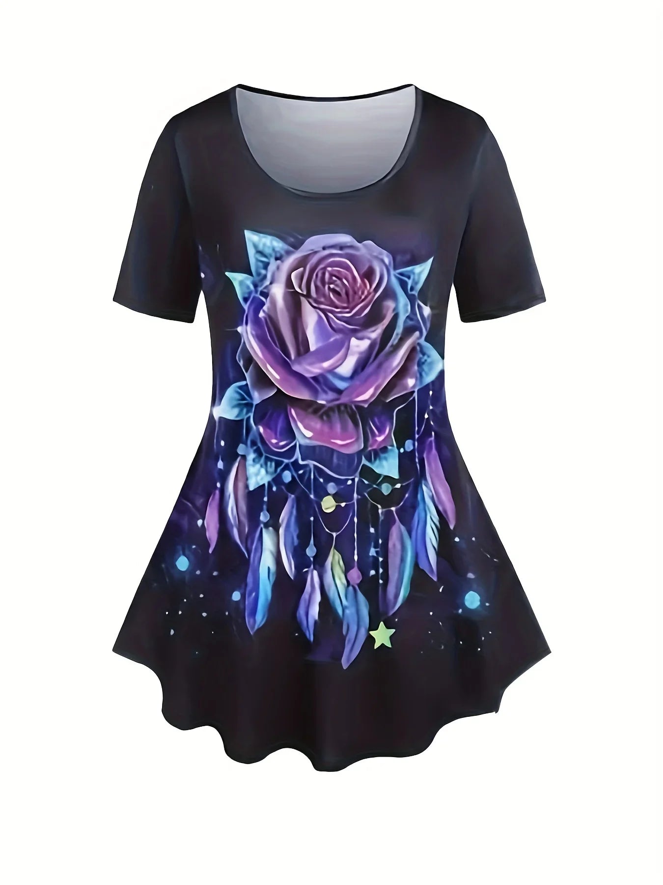 Plus Size Ladies Suit New Summer Women Hot Sales Black Oversize Casual Flower Rose Print T-Shirt Pants Two-Piece Suit