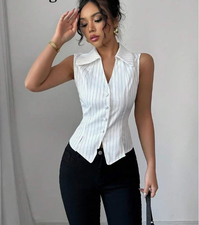 Sleeveless Lapel Short Sleeved Solid Color Button Women's Suit Jacket High Street Fashion Daily Elegant Summer Top