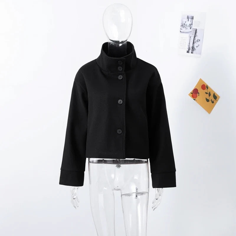 Fashion Short Woolen Coat For Women Stand Collar Full Sleeve Loose Zipper Jacket Female 2025 Spring Autumn Solid Lady Outwear