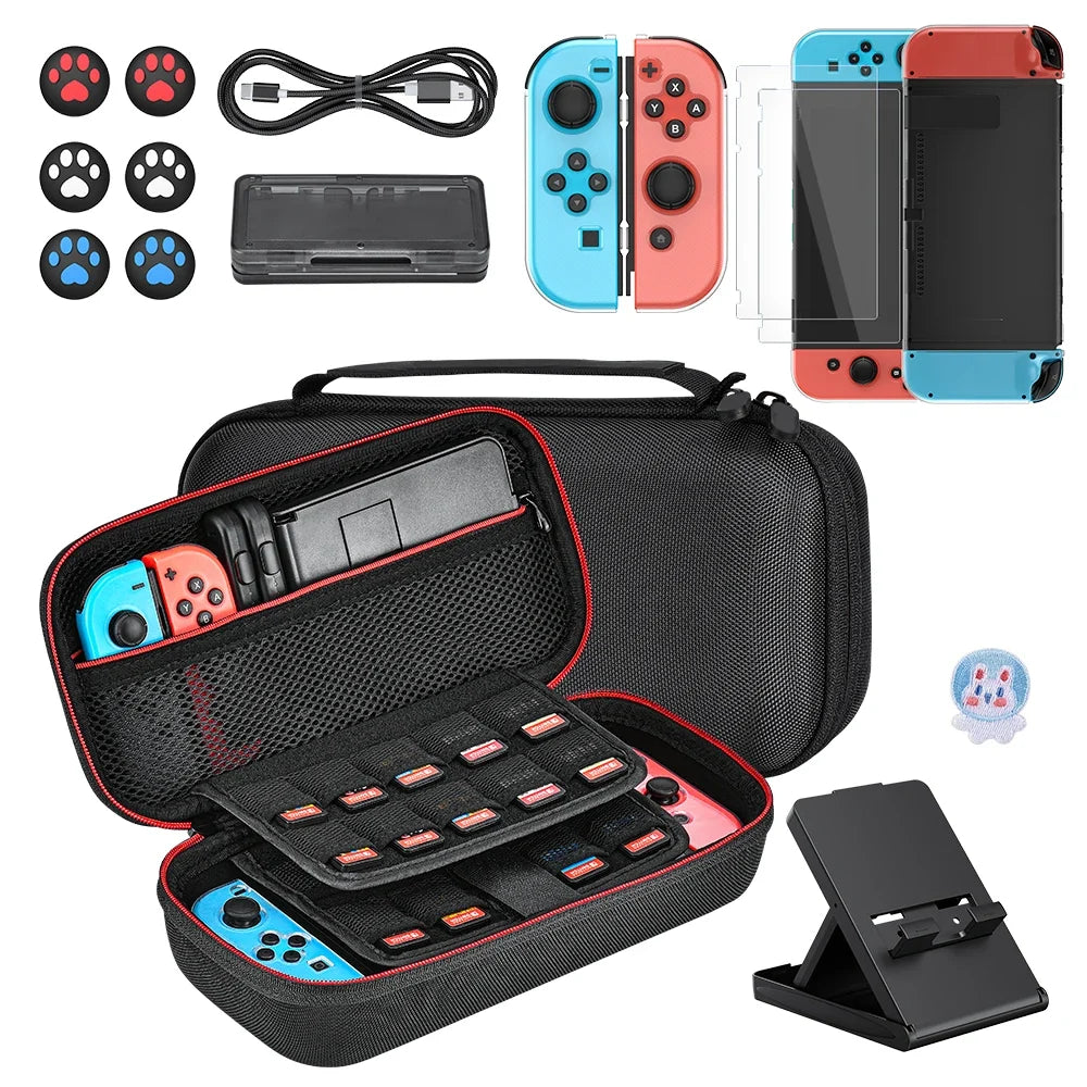 Nintend Switch pouch Kit For NS Switch with Protective Case Cover for Console & J-Con, Screen Protector, Adjustable Stand