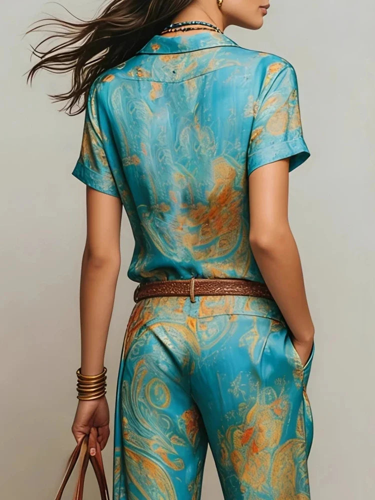 Women's Boho Paisley Print Two-Piece Set V-Neck Short Sleeve Blouse Top Wide Leg Pants Casual Loose Suit for Vacation