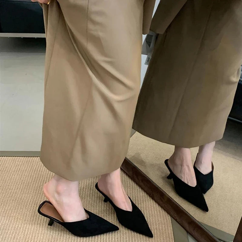 Summer Fashion Thin Mid Heels Women Slippers Elegant Pointed Toe Party Dress Mule Slides Shoes Zapatos Mujer