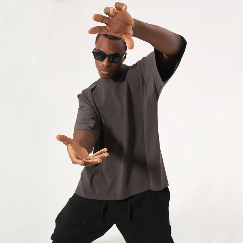 300GSM Heavyweight Cotton Boxy Cropped Tee | Slim Neck Streetwear T-Shirt Hip Hop Men's Short Wide Distressed Shirt