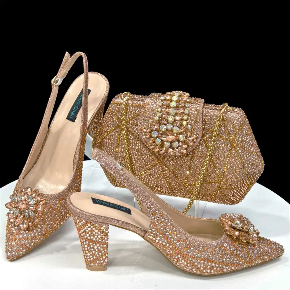 Doershow beautiful Italian Shoes And Bag Sets For Evening Party With Stones Italian Leather Handbags Match Bags! 1-30