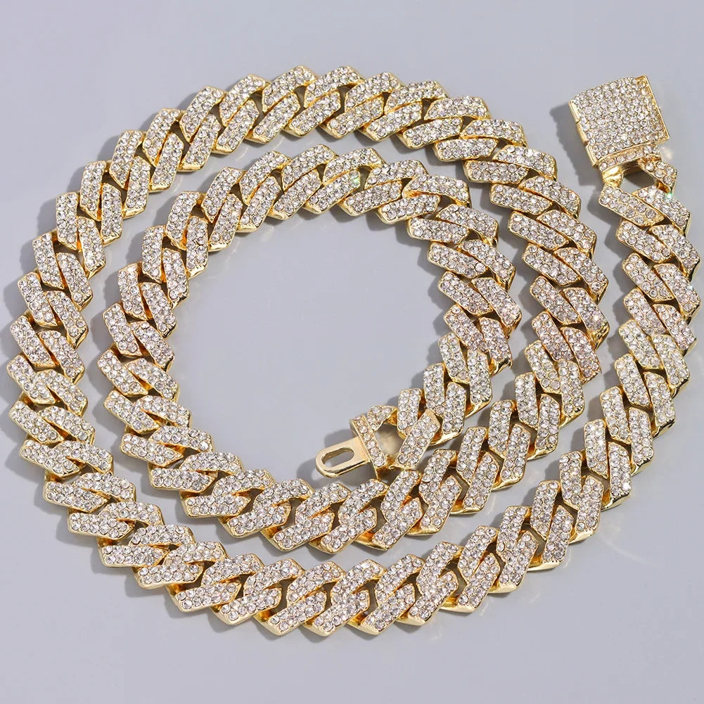 14mm Iced Out Prong Cuban Link Chain Necklace for 2 Row Rhinestone