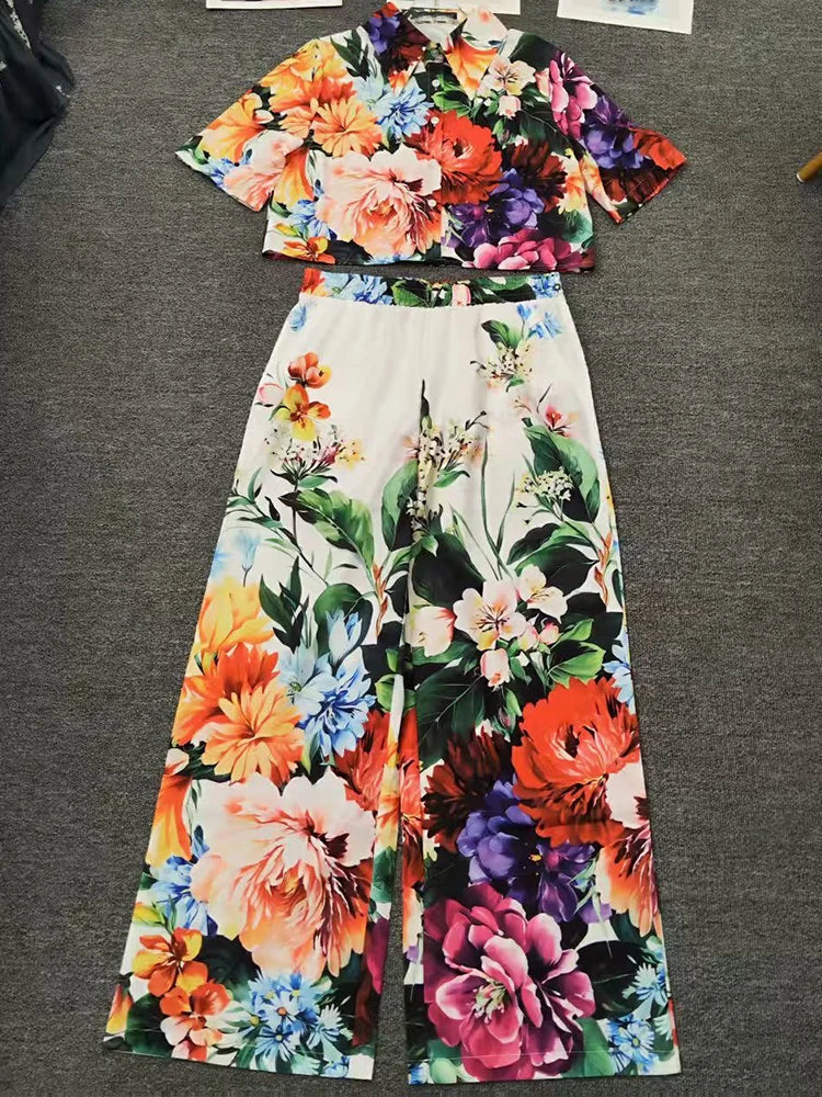 Spring and Summer New Women's Printed Pants Lapel Short Sleeve Waist Short Shirt + High Waist Wide Leg Pants Elegant Two-Piece S