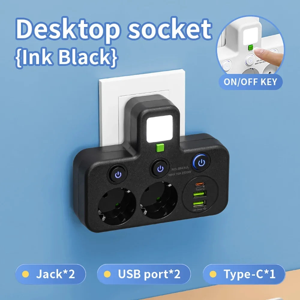 EU Plug Power Strip Outlets,4 Sockets with 2 USB Type-C port Wall Charger Two specifications for Home Offices Power Socket