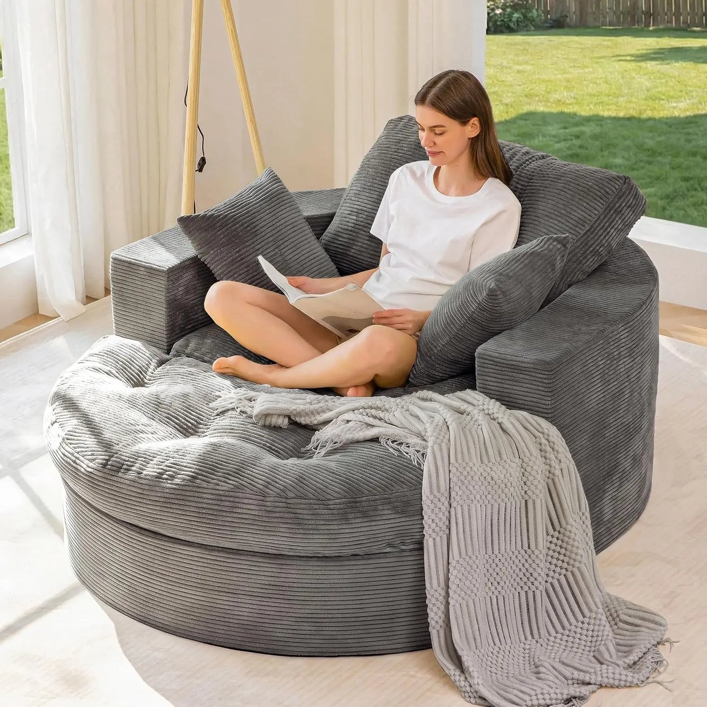 Oversized Round Chaise Lounge Sofa, Boneless Chair with Ottoman | Beige Upholstered Reading Chair Has a Deep Seat and 3, Custom