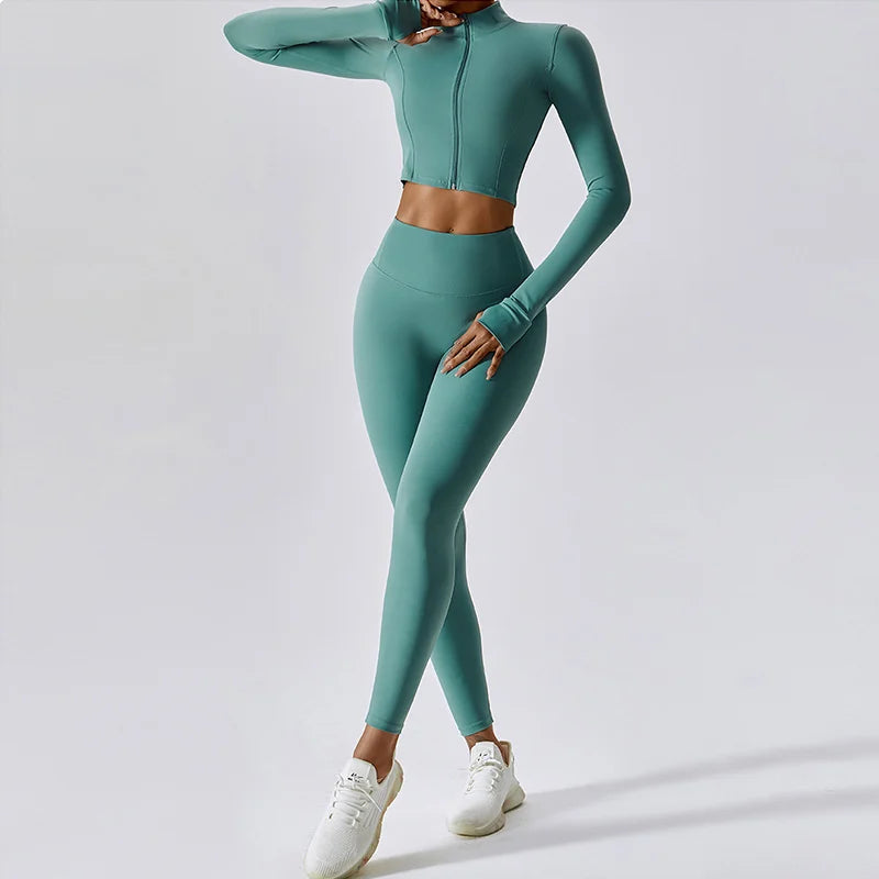 Conjunto Deportivo de 3 Piezas para Entrenar: Sujetador Deportivo, Leggings de Gimnasio de Tiro Alto y Manga Larga