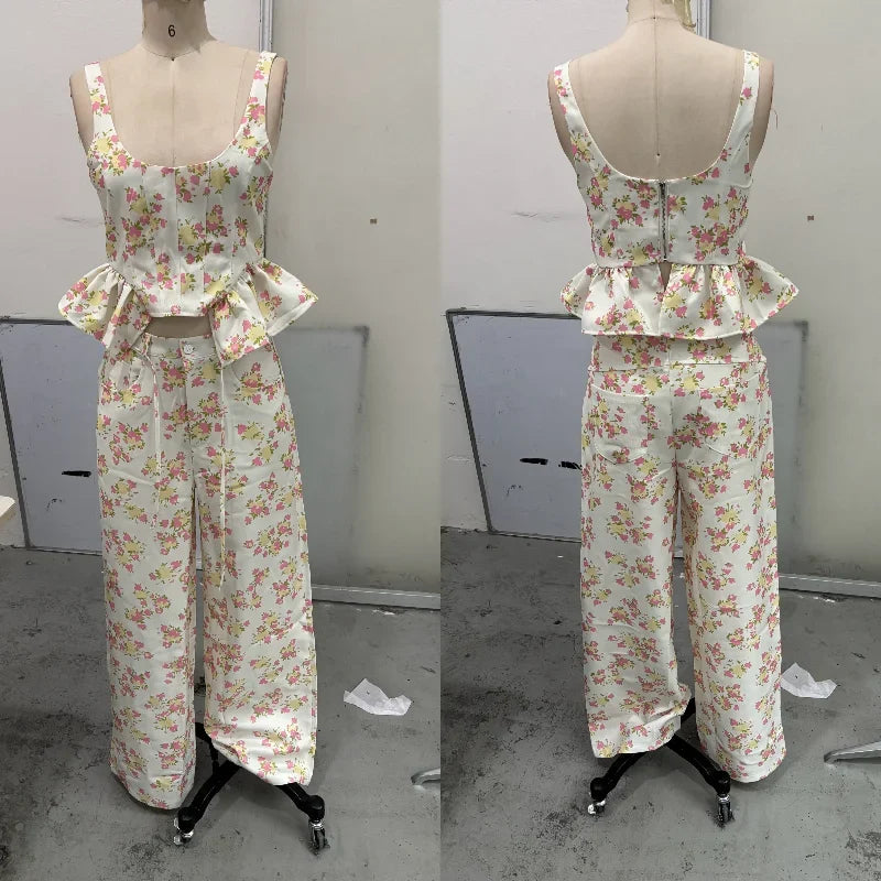 Urban Print Top Pants Women Set Sling Backless Slash Neck Blouse Wide Leg Trousers 2026 Spring Summer Holidays Lady Outfit