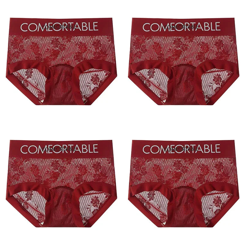 4PCS Women Seamless Panties Transparent Briefs Plus Size Lace Antibacterial Panties