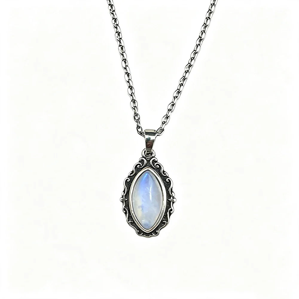 Vintage 925 Sterling Silver Necklaces with Natural Moonstone 12*6MM Simple Pendant Necklaces Party Fine Jewelry For Women Men