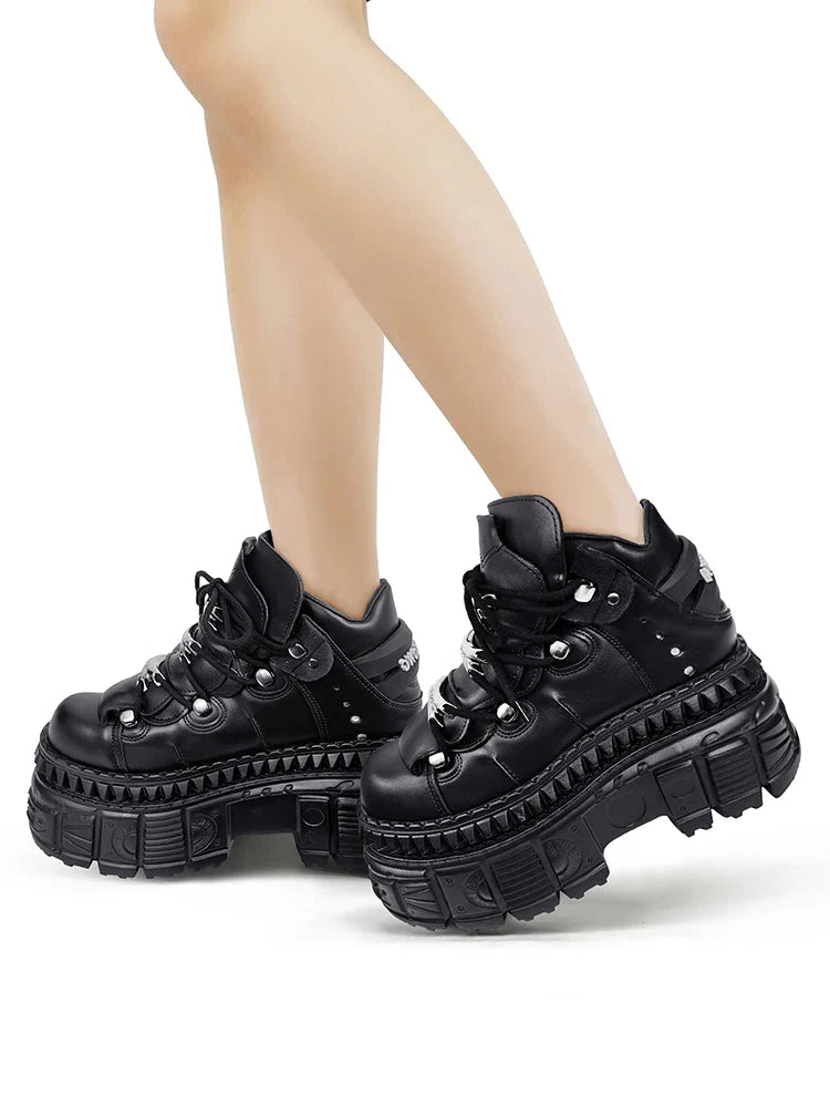 2025 Woman Sneakers New Punk Style Women Shoes Gothic Ankle Rock Boots Lace-up Heel Height Platform Shoes Woman Metal Decor