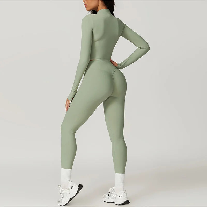 Conjunto Deportivo de 3 Piezas para Entrenar: Sujetador Deportivo, Leggings de Gimnasio de Tiro Alto y Manga Larga