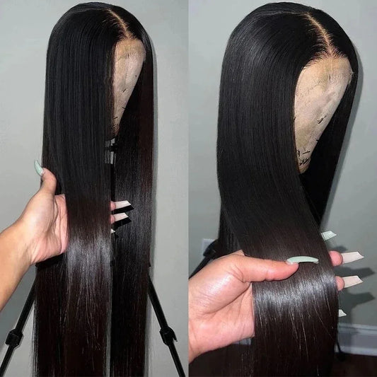 Peluca frontal de encaje largo y liso 13x4, color negro, sintética, para mujeres afroamericanas, pre-arrancada con pelo de bebé, nudos decolorados, sin pegamento