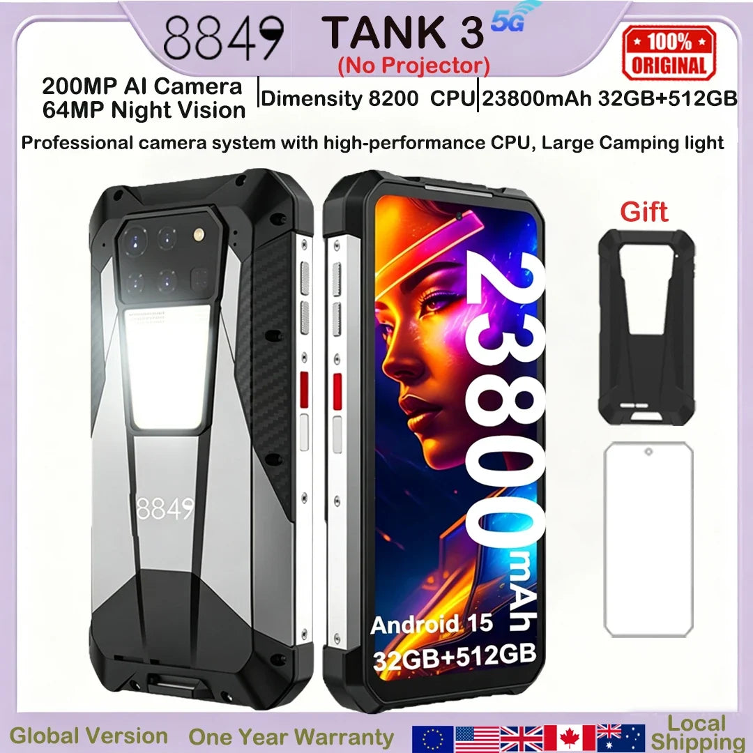8849 Tank 3 Rugged Smartphone 23800mAh Android 15 512GB 200MP Camera Large Camping Light Waterproof Outdoor 5G Cell Phone 2026
