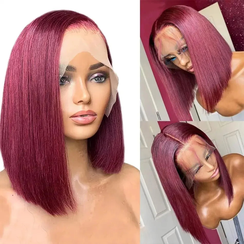 Peluca de encaje frontal sintética 13X4 HD con flequillo corto y liso, color rojo burdeos 99J, para mujeres negras, pre-arrancada con pelo de bebé, sin pegamento
