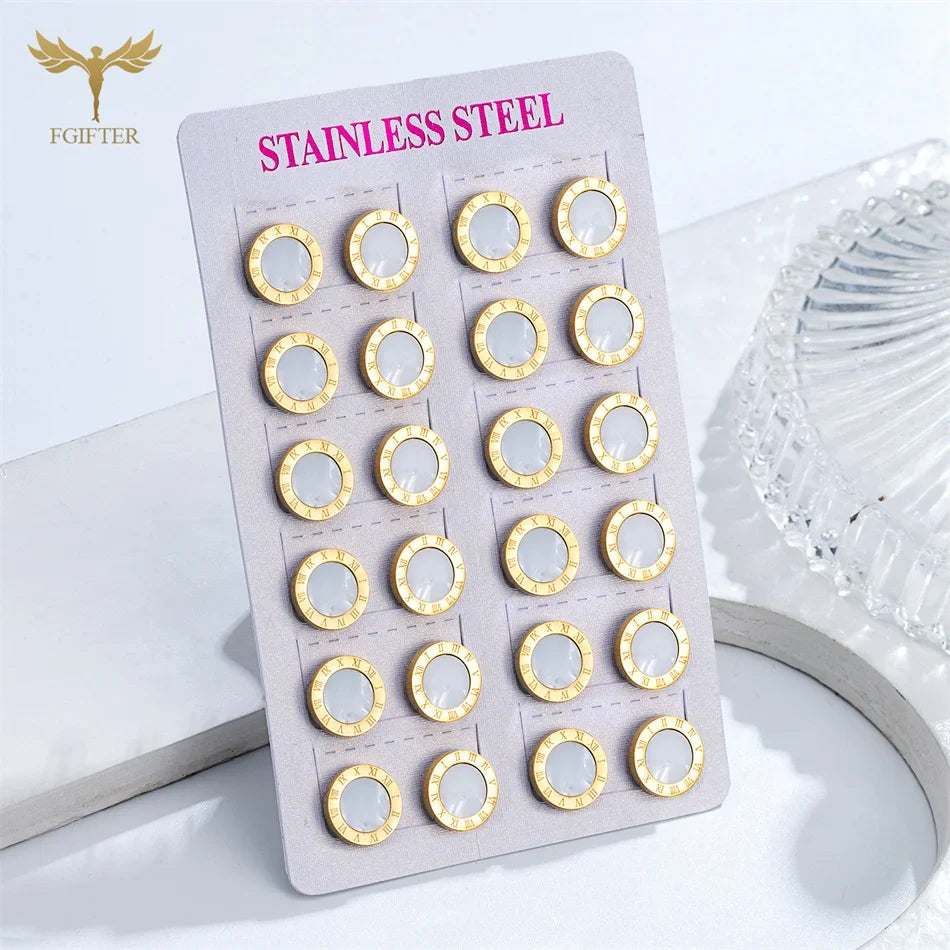 12 Pairs Pack Stainless Steel Round Shape Cubic Zircon Roman Numeral