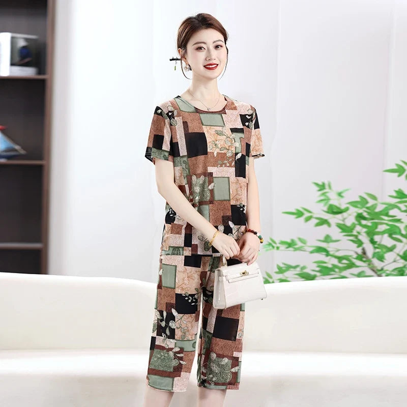 Summer Women's Ice Silk Home Set T-shirt+Pants Fashionable Multi-color Set Thin Asian Size Clothing Plus Size