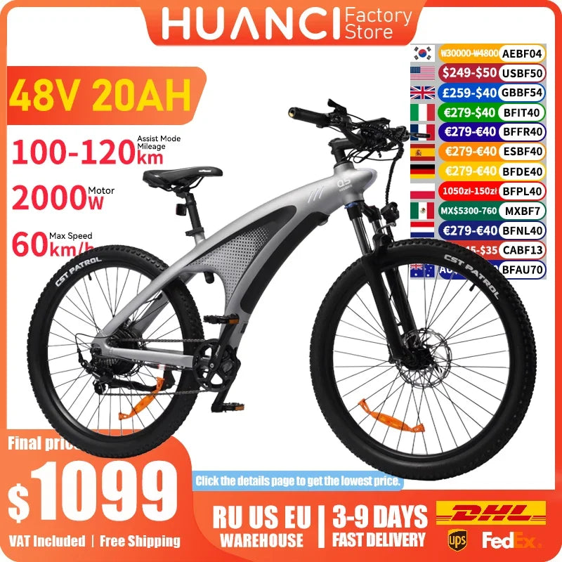 HUANCI Q5 Electric Bike for Adults 2000W Off-road Tire E Bike 48V 20Ah Battery 60KM/H Electric Bicycle for Commuting Long Range