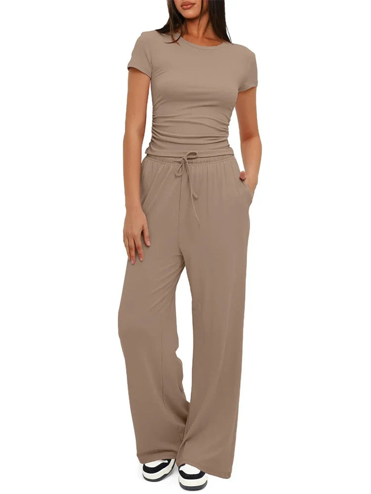 Summer Solid Loose Casual Tracksuit Women's Two Pieces Set O Neck Short Sleeves T-shirts and Wide Leg Pants Sets Sportswear Set