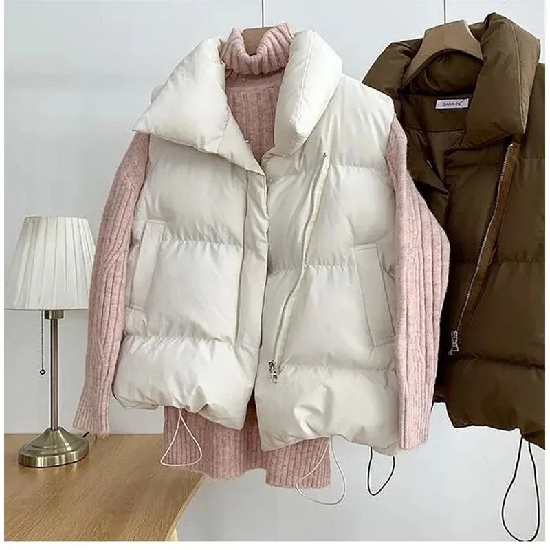 2024 New Winter Warm Cropped Vest Jackets for Women Fashion Sleeveless Stand Collar Zip Up Puffer Waistcoat Street Style Outwear