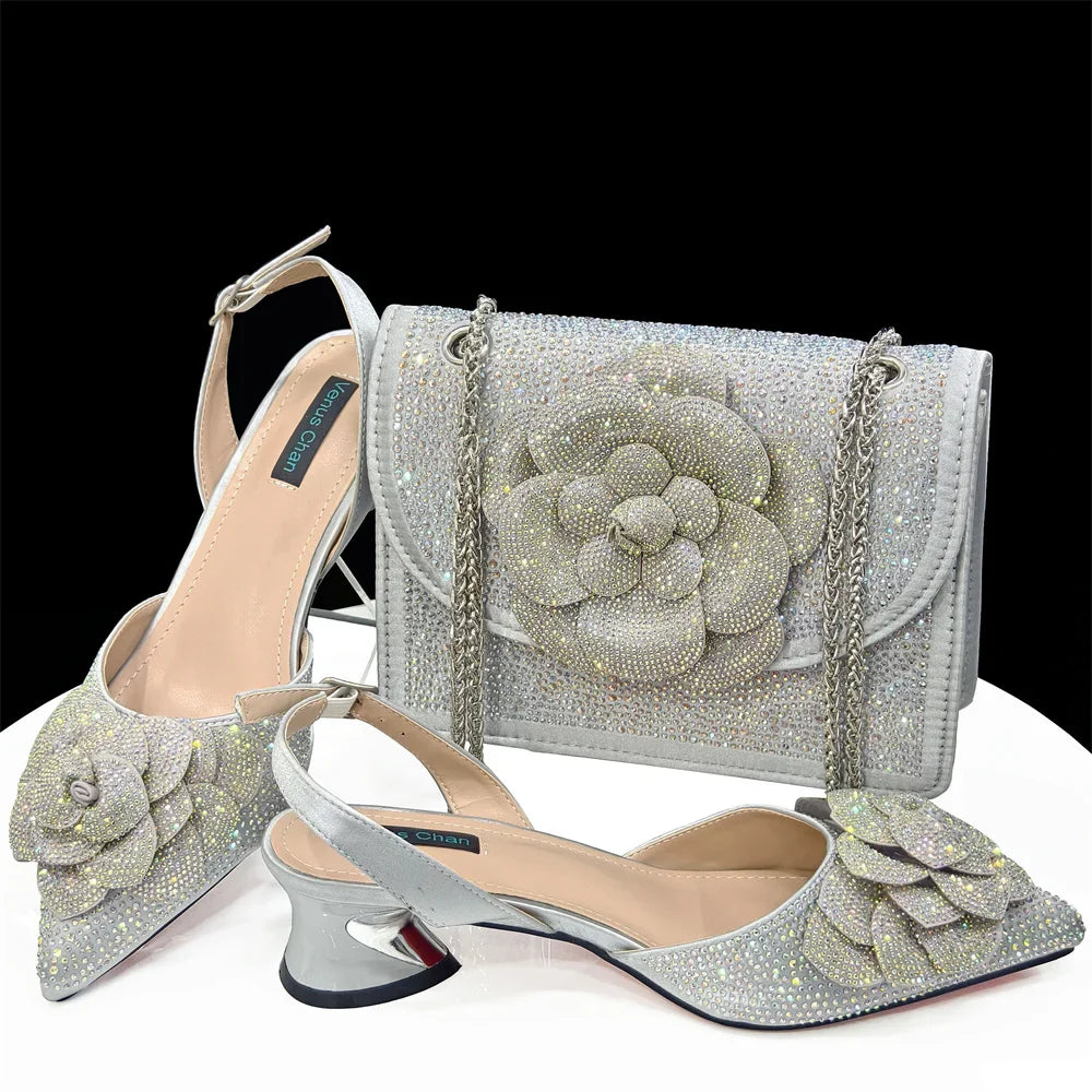 Conjuntos italianos de zapatos y bolsos con pedrería dorada HDF1-3