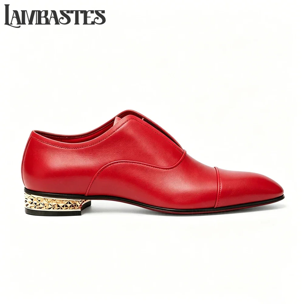 Gold Geometric Heel Patent Leather Mens Loafers Polished Glossy Upper Red Lining Formal Dress Shoes Embossed Gold Heel Loafers