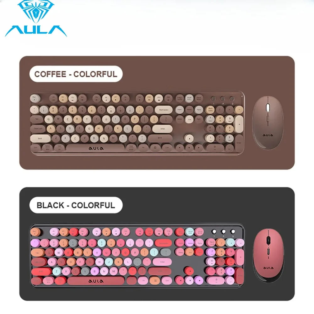 AULA Wireless Keyboard Mouse Combo 104 Keys Retro Round Keycaps Silent Typing 2.4G Ergonomic Office Gaming Set for PC Laptop
