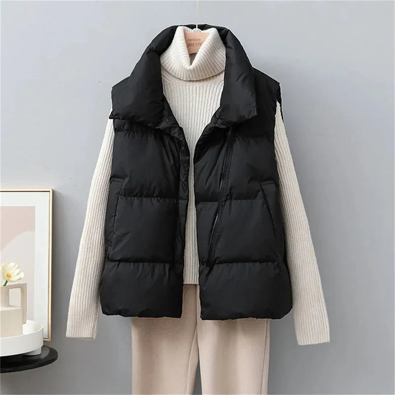 2024 New Winter Warm Cropped Vest Jackets for Women Fashion Sleeveless Stand Collar Zip Up Puffer Waistcoat Street Style Outwear
