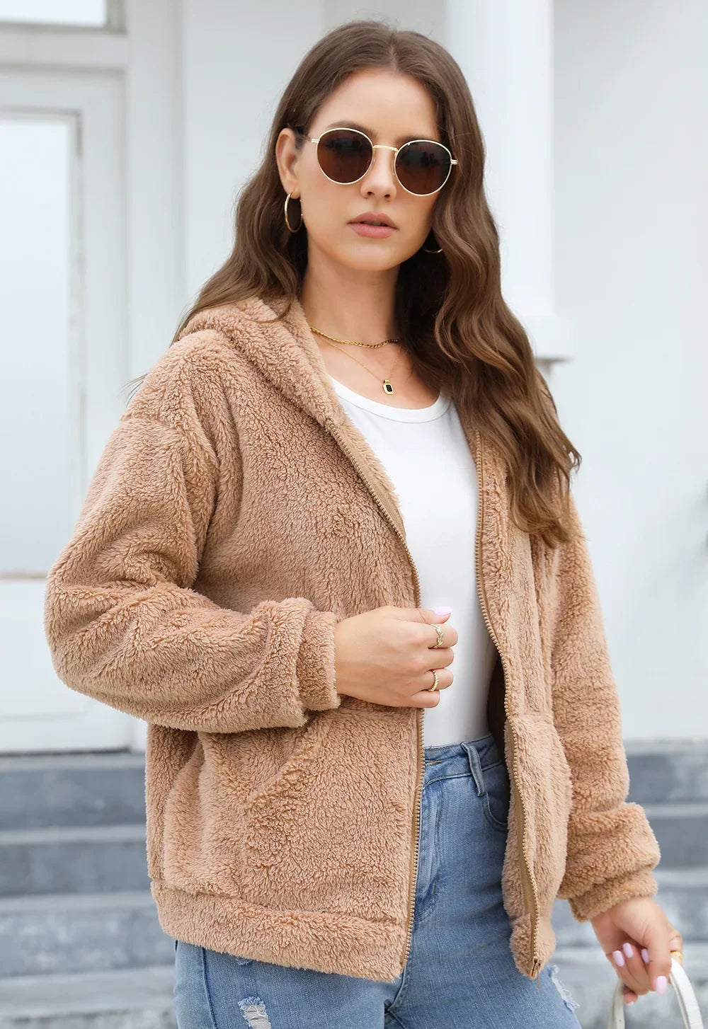 Phantasy Woman Hooded Fleece Coat Womens Casual Jacket Soft Heavy Autumn Winter Solid Hooded Jacket Ladies Outwear Overcoat