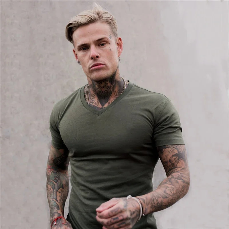 Hombres Moda Cuello V Manga Corta Fitness Ejercicio Verano Algodón Transpirable