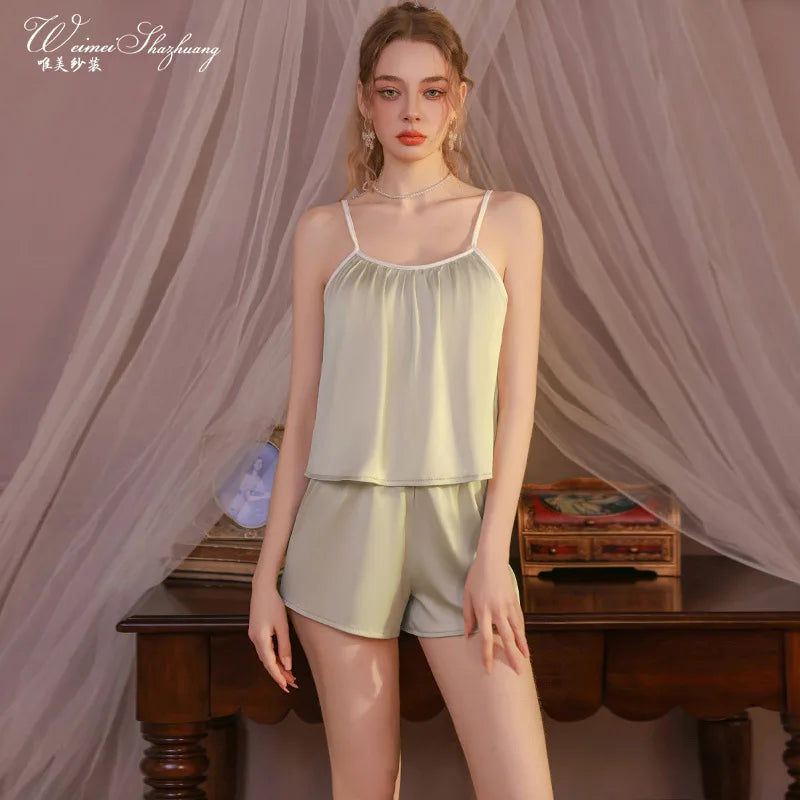 Elegant New Home Wear Set Sexy Women's Pajamas With Chest Pads Pure Desire Camisole And Sleep Pants Two-piece Sets Casual XWEX