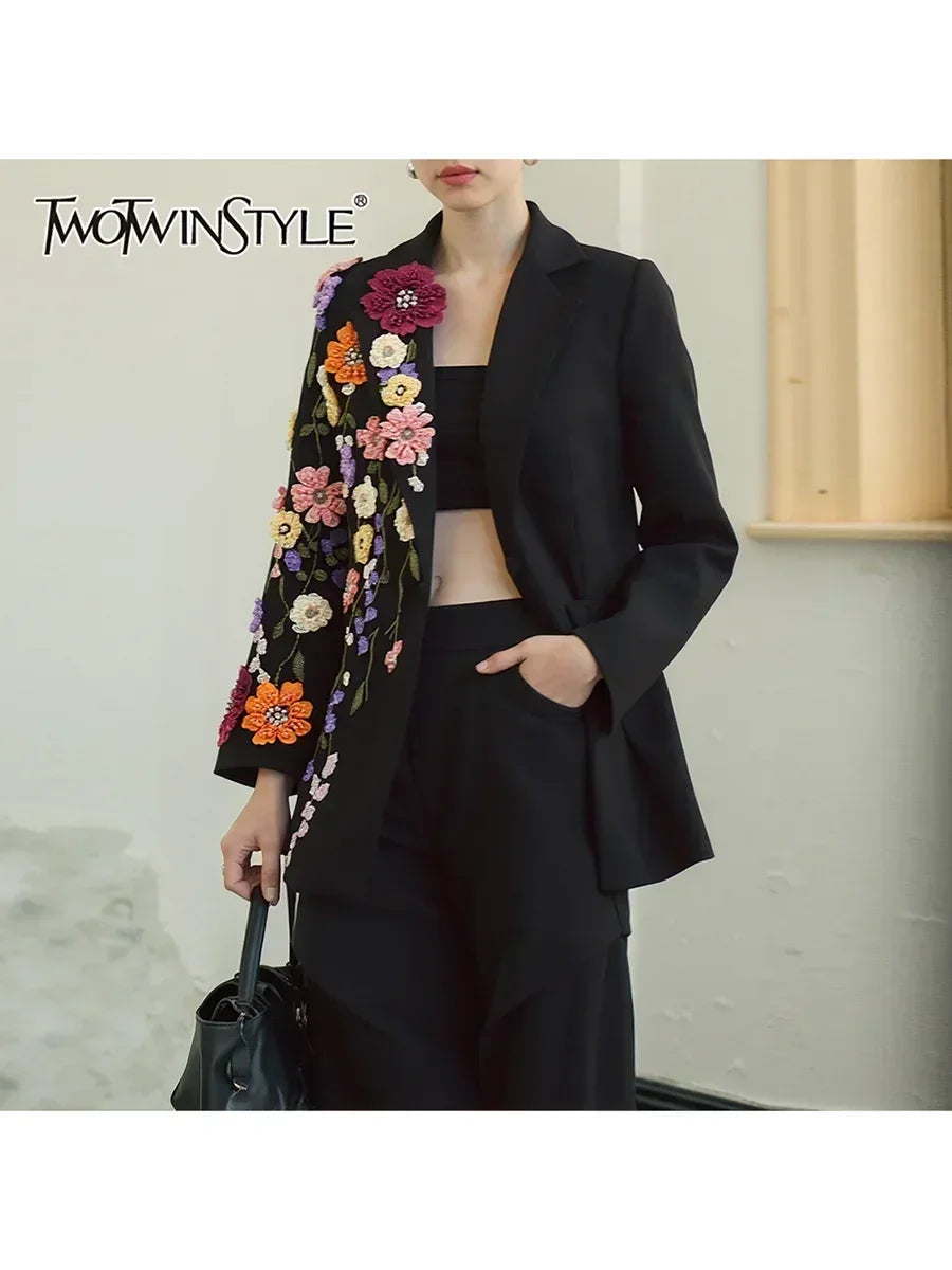 TWOTWINSTYLE Blazers de moda con apliques empalmados en colores llamativos para mujer, solapa, mangas largas, patchwork, abalorios, blazer de temperamento femenino