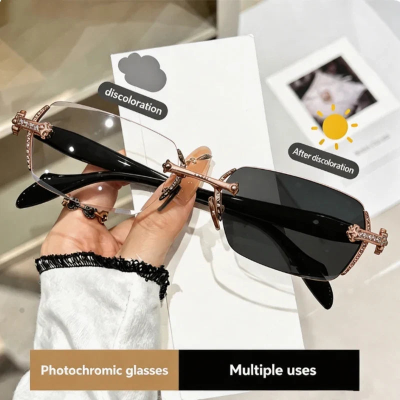 Unisex Rimless Business Glasses for Myopia, Featuring Metal Frames and Photochromic Lenses; Suitable for Daily Office Wear.