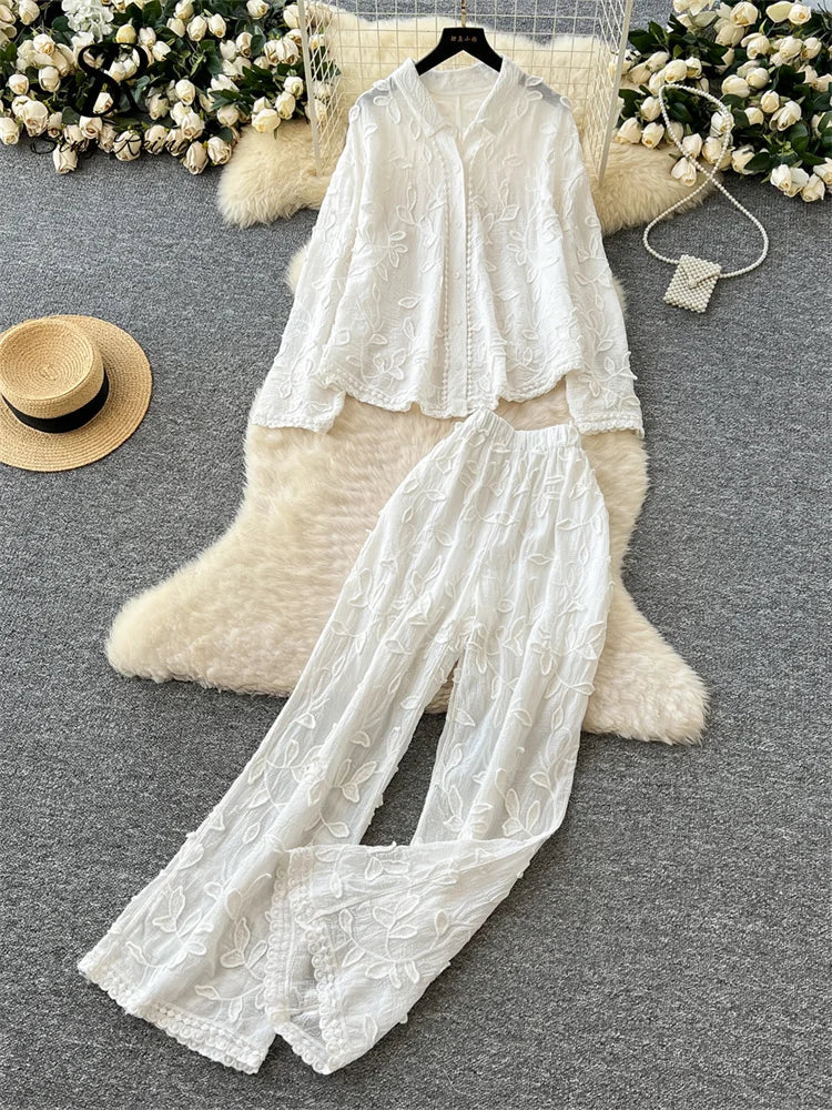 SINGREINY Senior Embroidery Leaves Sets Long Sleeves Single Breasted Top+Wide Legs Casual Pants 2025 Korean Women Solid Suits