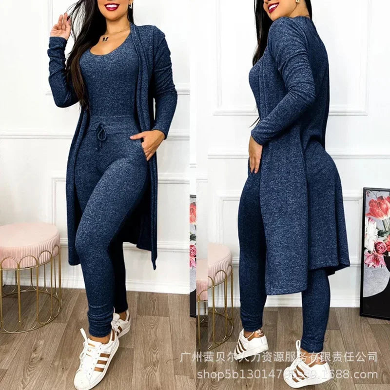 2026 Jumpsuit & Coat Set Autumn Women Drawstring Pocket Pants Sets One Piece Y2k Long Jumpsuit High Waist Coats Two Piece Sets
