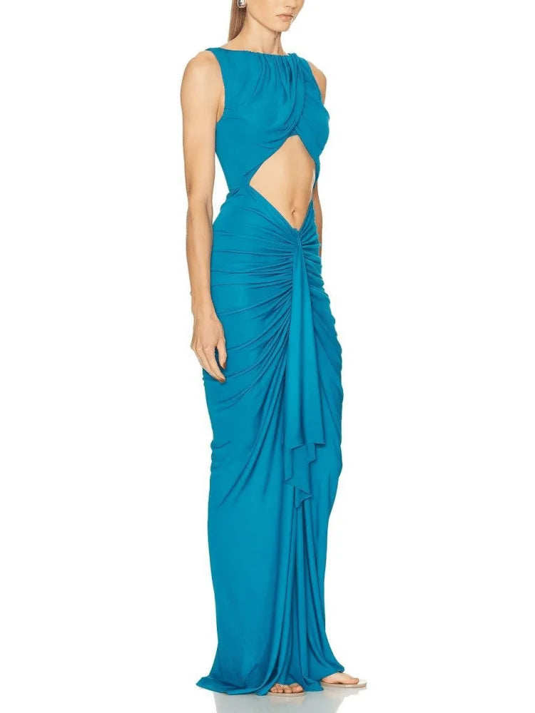 Sexy Hot Girl Party Dresses Solid Color Hollow Out Folds Package Hip Slim Sleeveless Long Dress Lady Club Parties Prom Vestidos