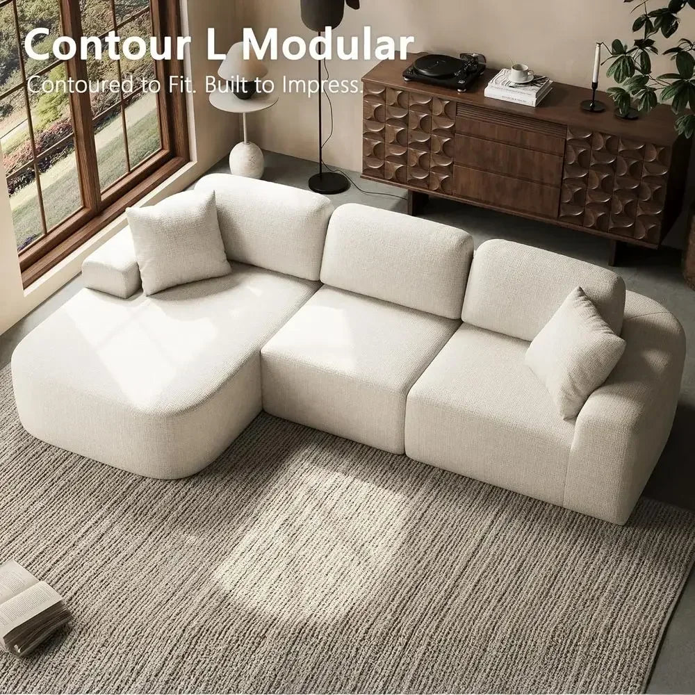 107 L-Shaped Sectional Sofa with Chaise, No Assembly, Ivory Beige Bouclé-Style Upholstery for Living Room
