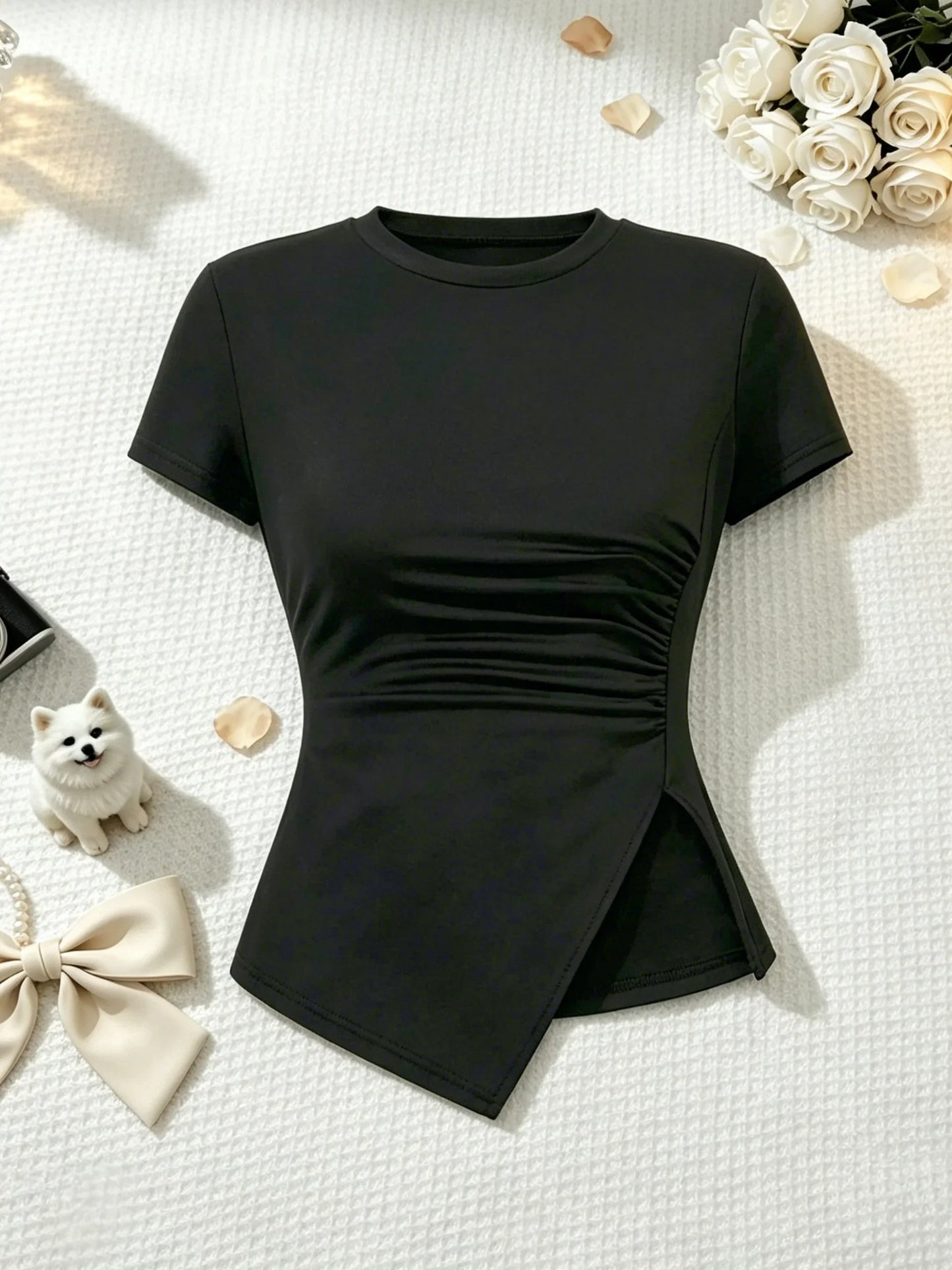 2 Pcs Women Crew Neck Side Ruched Split Hem Short Sleeve Tee High