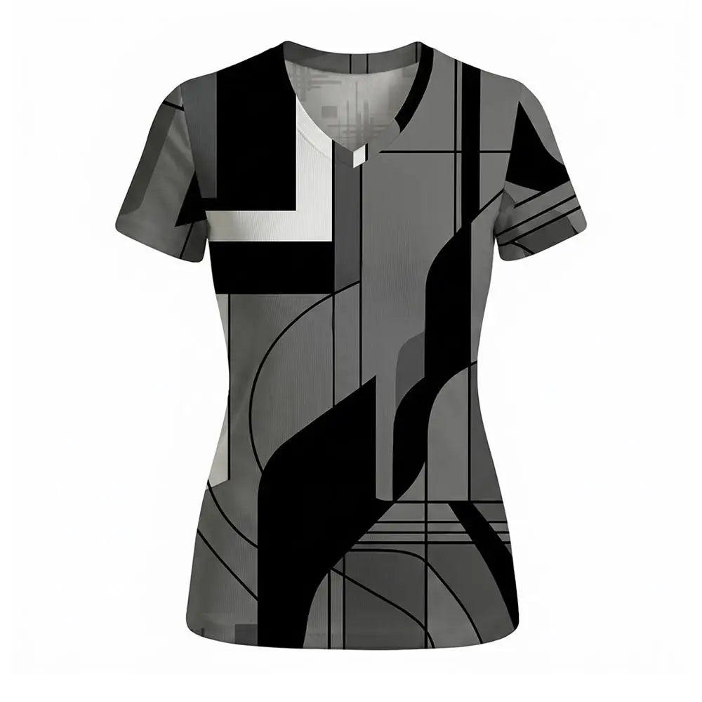 Women's Geometric Abstract Print V-Neck T Shirt Daily Casual Commuting Short Sleeve Tops Summer Street Vintage Slim Fit Tees