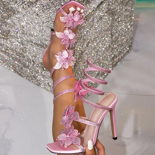 Eilyken 2026 New Design Open Toe Crystal Flower Ankle Strap Women Sandals Sexy Thin Heels Stripper Party Ladies Shoes